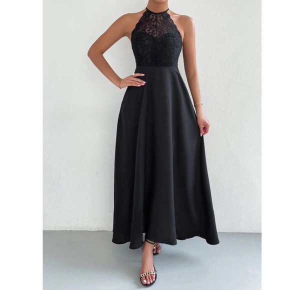 Black Elegant Maxi Dress Lace Halter Neckline Tie Back Backless Flared Long - Picture 5 of 10